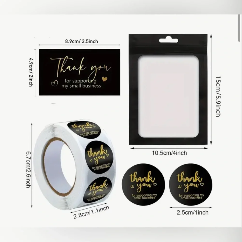 Black and Gold Thank You 500 Stickers,100 Business Cards and 20 Reseal Envelopes